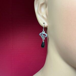 Sterling Silver Spiral Design Dangle Earrings with a Black Onyx Teardrop Shaped
